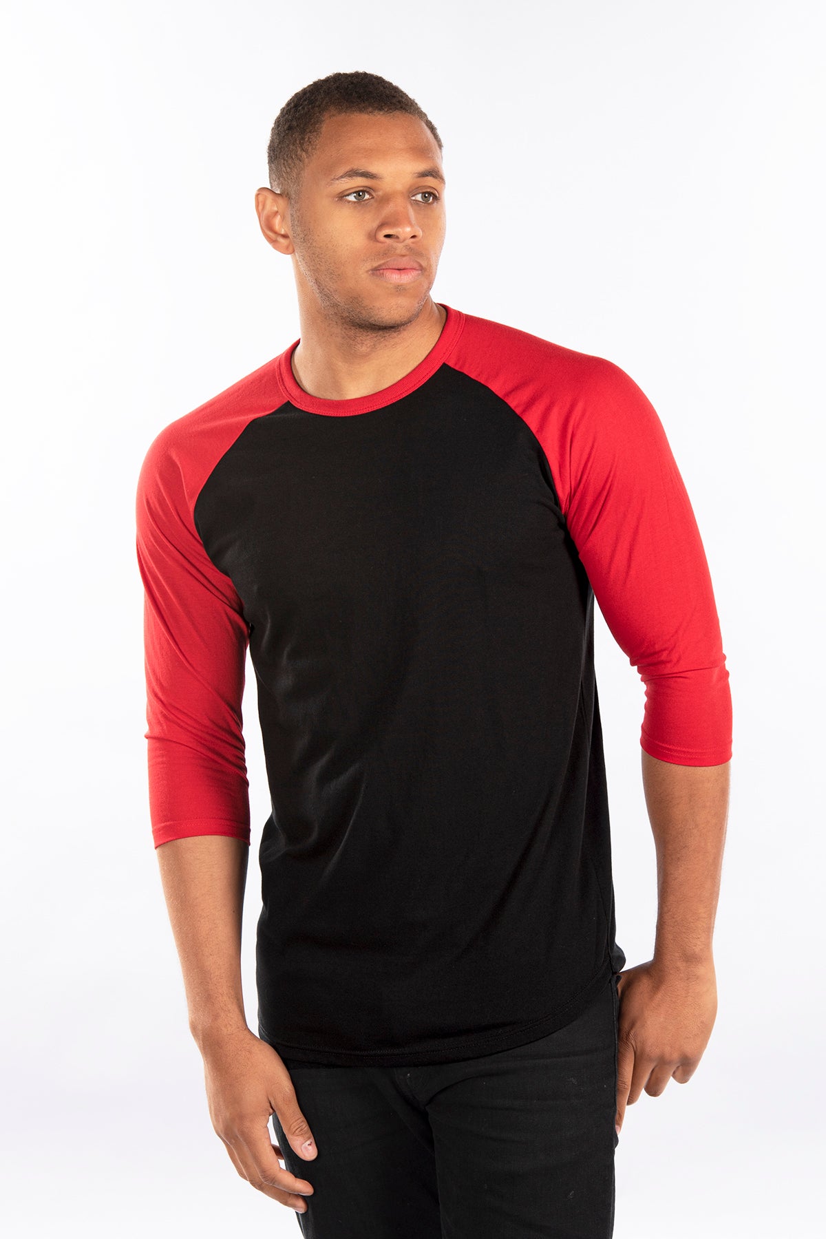 black shirt red sleeves